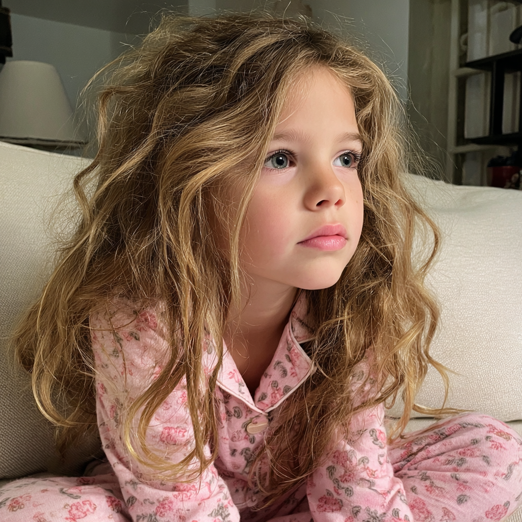 Une petite fille assise sur un canapé | Source : Midjourney