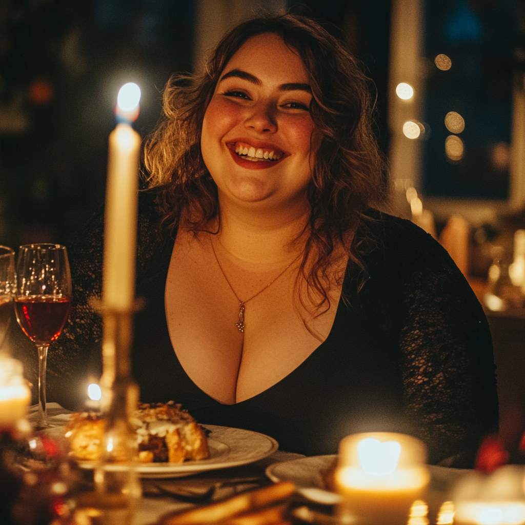 Une femme sourit pendant son dîner d'anniversaire | Source : Midjourney