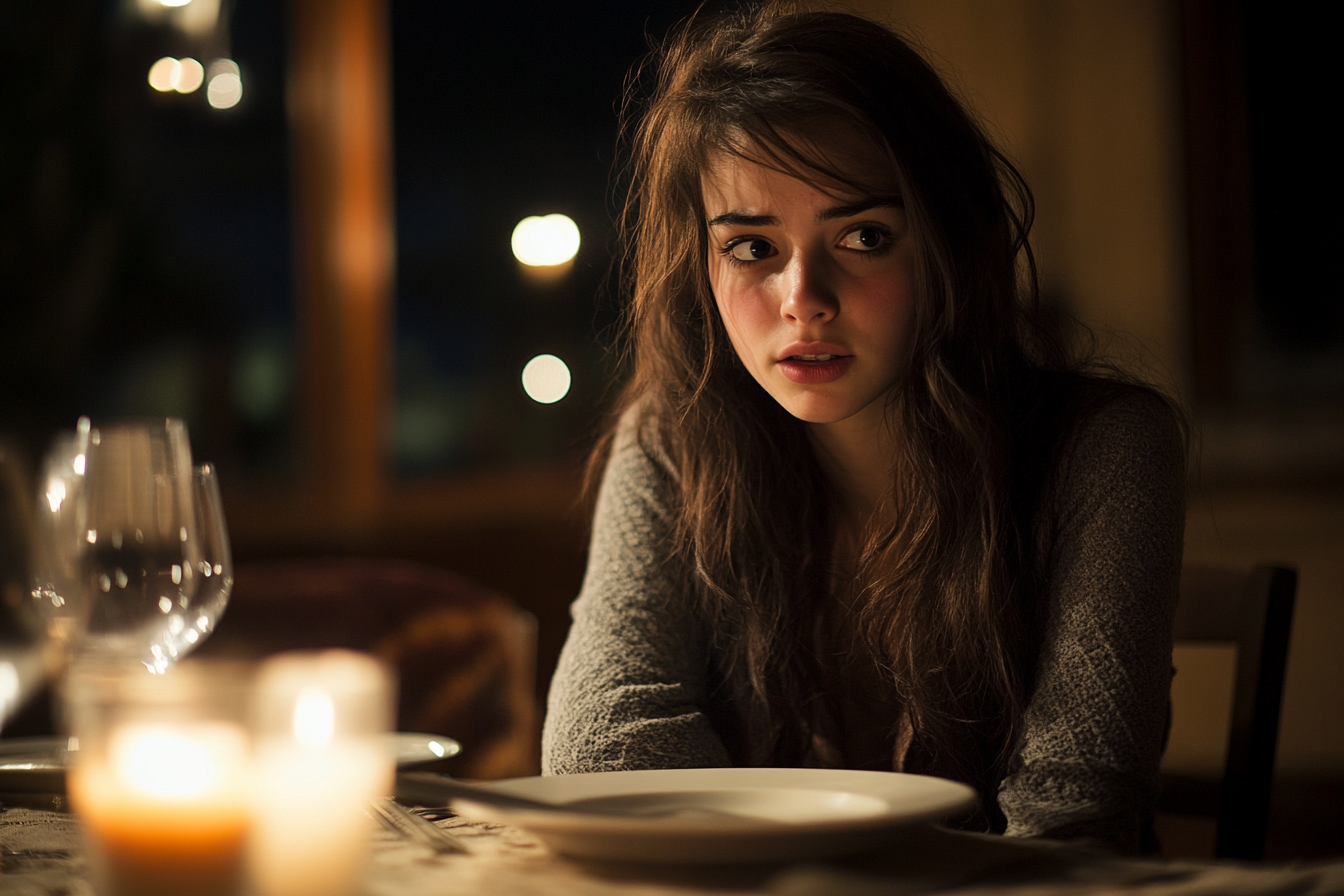 Une jeune femme émotive assise à une table de dîner | Source : Midjourney