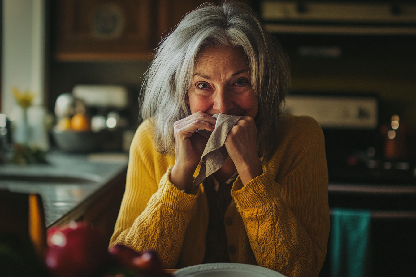 Une femme d'une cinquantaine d'années se tamponne la bouche avec une serviette de table pendant le dîner | Source : Midjourney