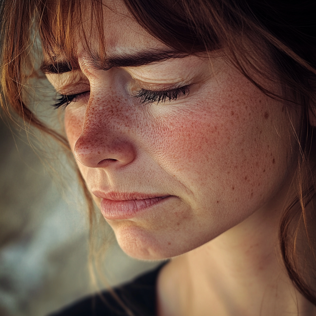 Une femme bouleversée, les yeux fermés | Source : Midjourney