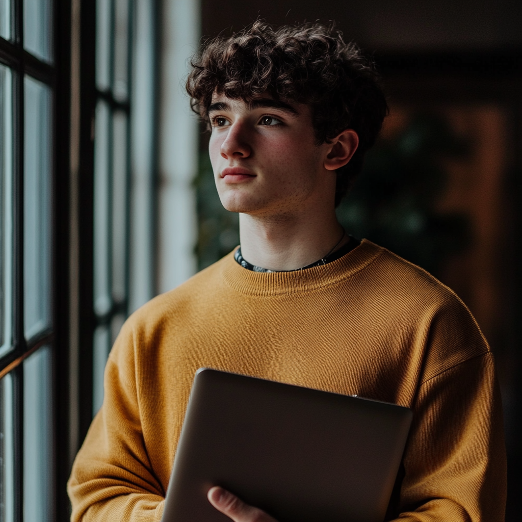 A young man holding a laptop | Source: Midjourney