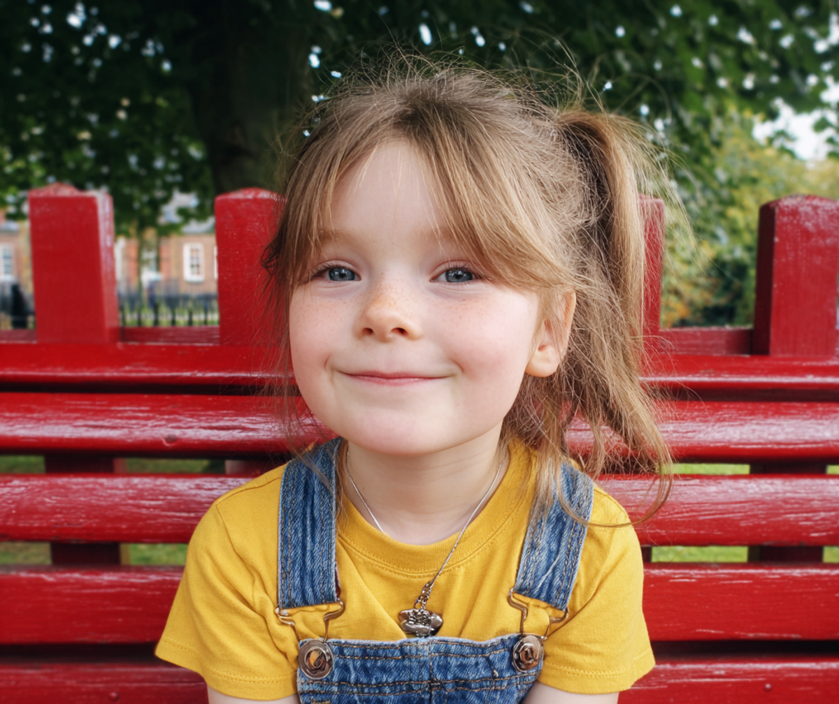 Une petite fille souriante assise sur un banc | Source : Midjourney