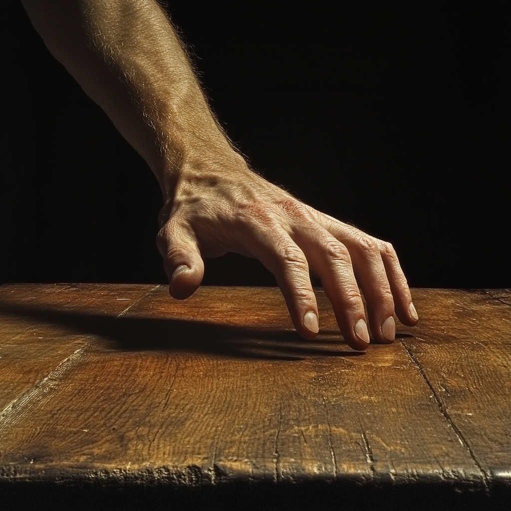 Un homme sur le point de claquer sa main sur la table | Source : Midjourney