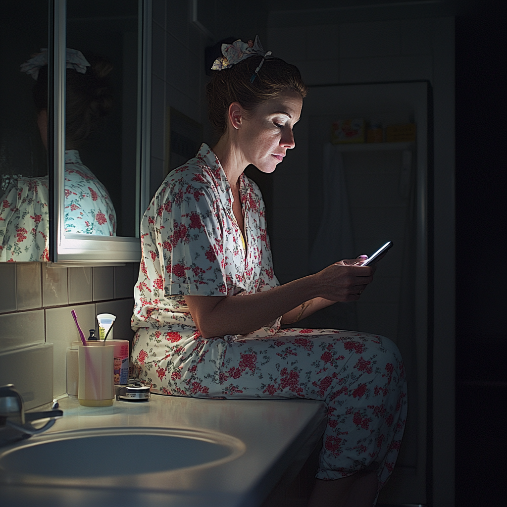 Une femme assise sur le comptoir d'une salle de bain | Source : Midjourney