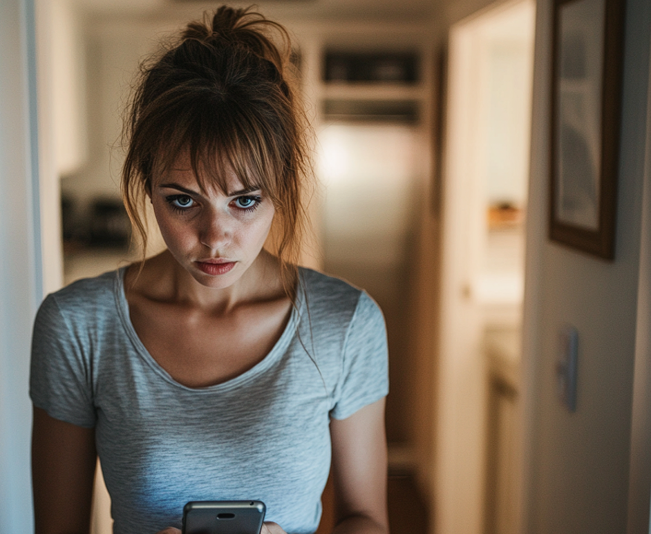 Une femme dans un couloir qui regarde son téléphone | Source : Midjourney