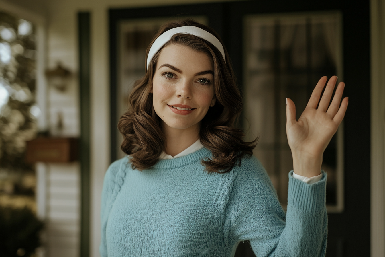 Femme d'une trentaine d'années sous le porche d'entrée faisant un signe de la main avec le sourire | Source : Midjourney