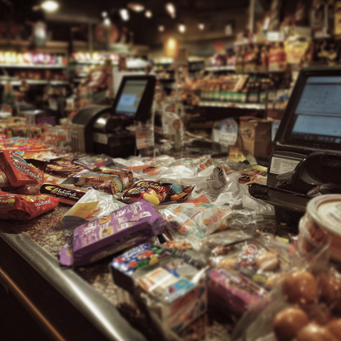 Articles d'épicerie sur la caisse d'un magasin | Source : Midjourney