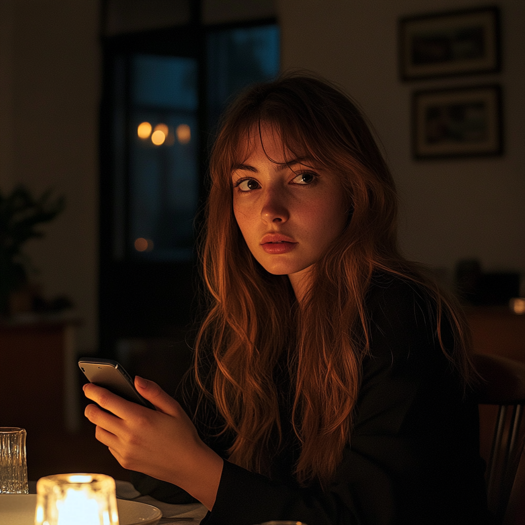 Une femme assise à une table de dîner avec son téléphone | Source : Midjourney