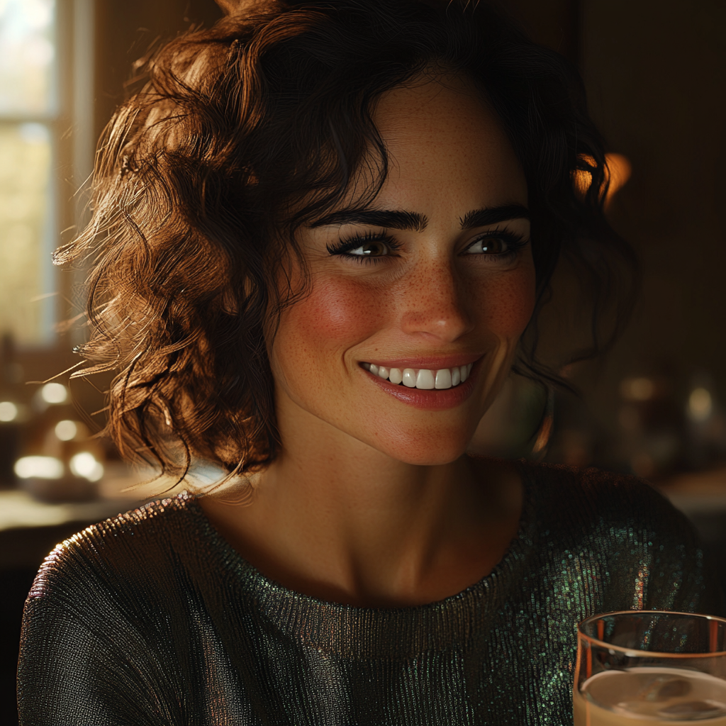 Une femme souriante tenant un verre de limonade | Source : Midjourney