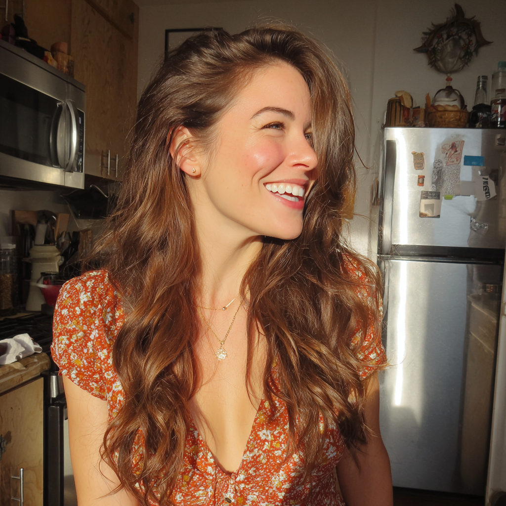 Une femme souriante et insouciante debout dans une cuisine | Source : Midjourney