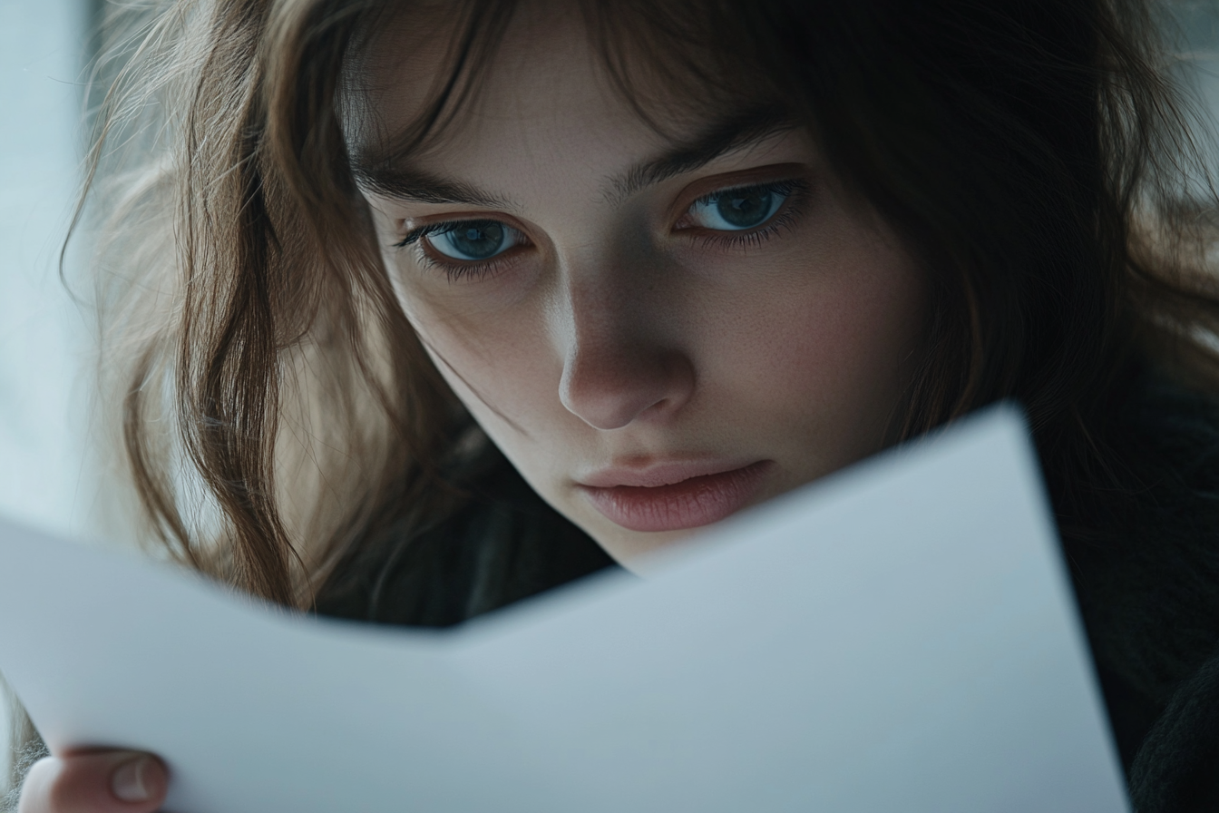 Une femme regarde une feuille de papier | Source : Midjourney