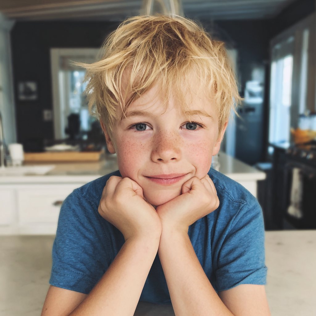 Un petit garçon souriant dans une cuisine | Source : Midjourney