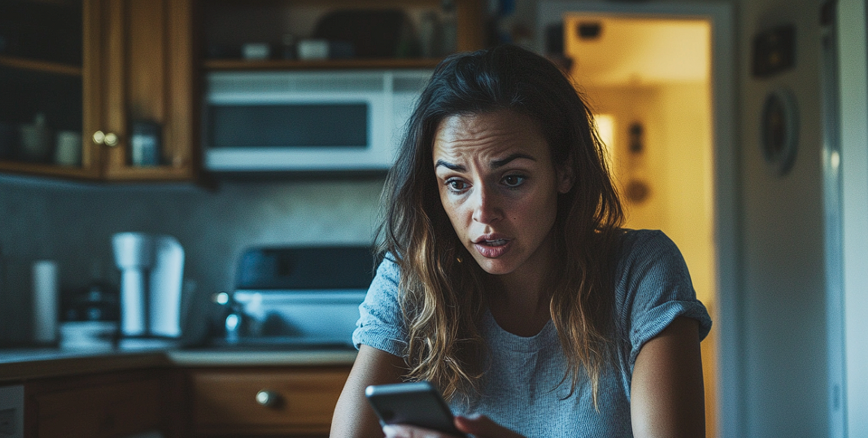 A woman looking at her phone in shock | Source: Midjourney