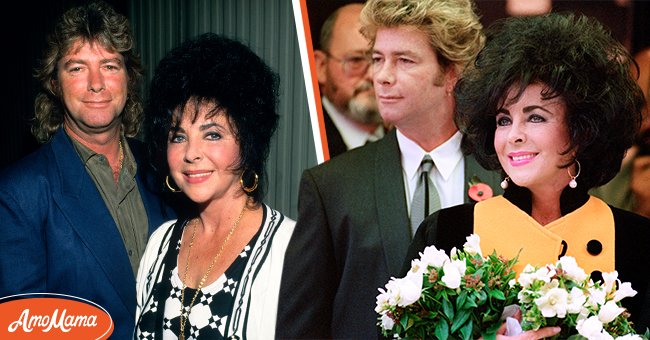 Larry Fortensky et Elizabeth Taylor sur une photo d'archive téléchargée le 23 février 2011, et le couple au restaurant Mirabelle de Londres le 5 novembre 1991 | Photos : Kevin Mazur/WireImage & Gerry Penny/AFP/Getty Images