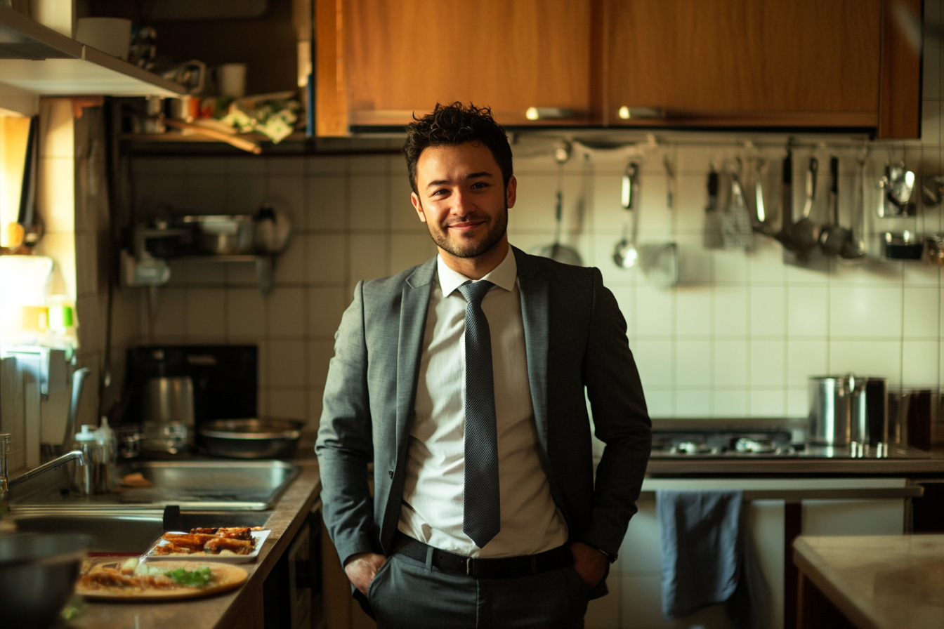 Un homme souriant dans une cuisine | Source : Midjourney