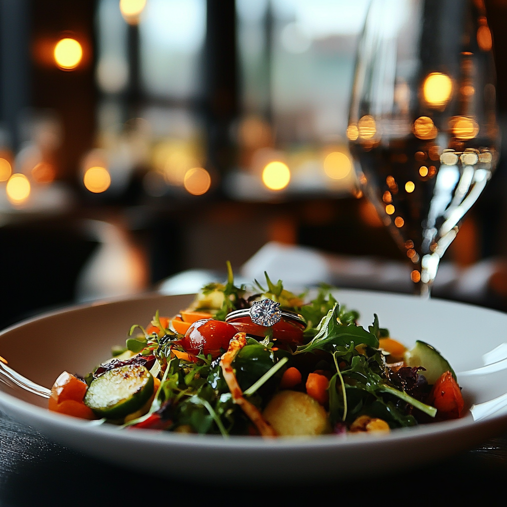 Une bague en diamant posée sur une assiette de salade sur la table d'un restaurant | Source : Midjourney