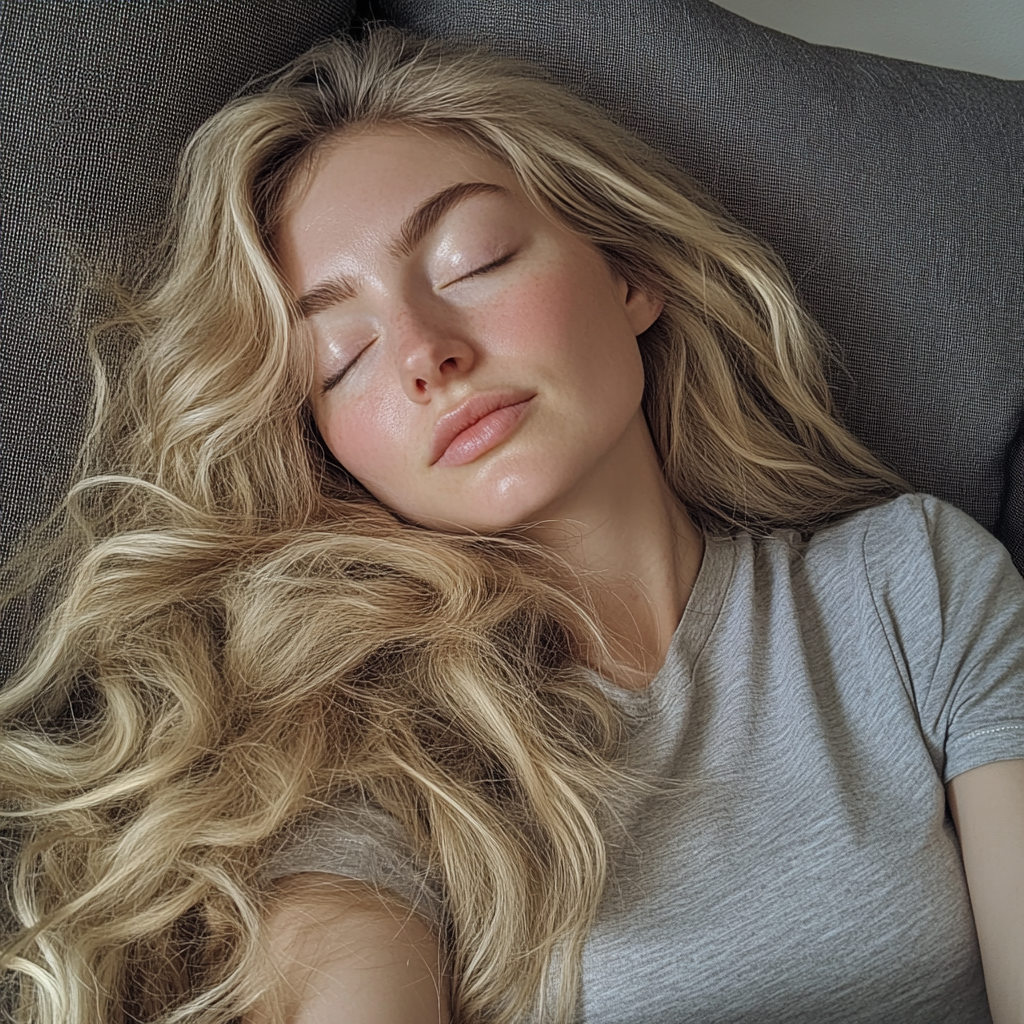 Une femme qui dort sur un canapé | Source : Midjourney