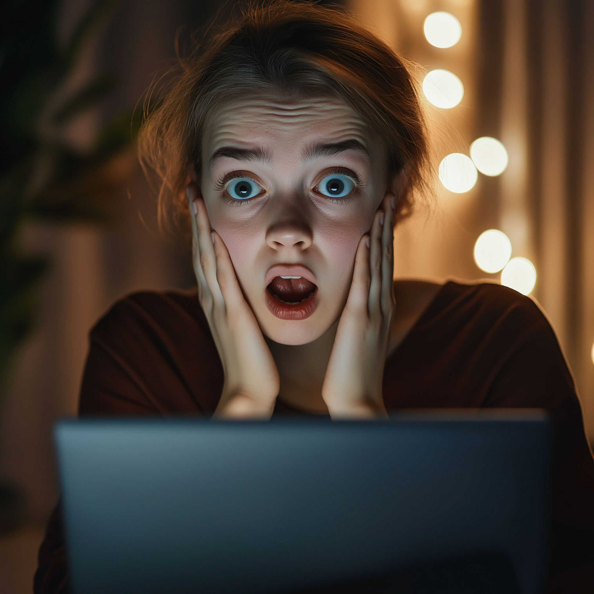 Close-up of shocked woman looking at laptop screen | Source: Midjourney