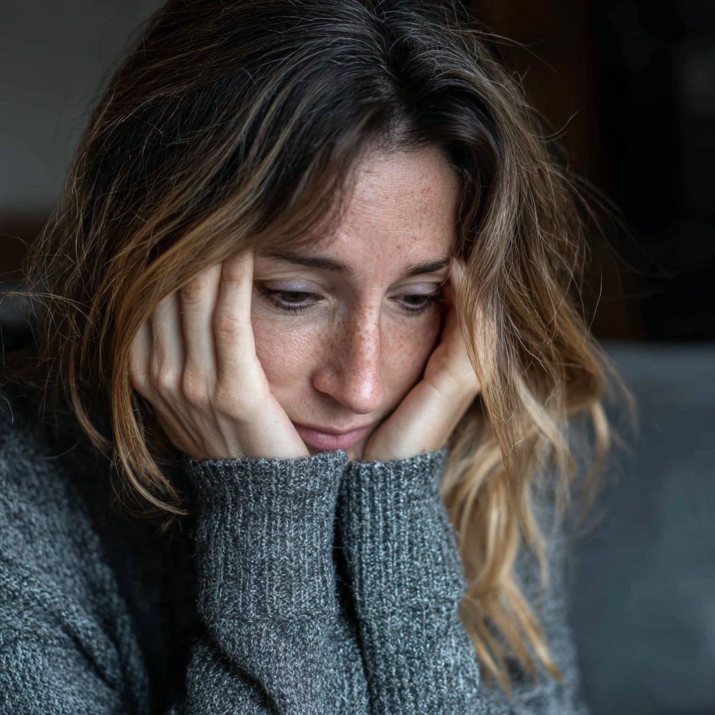 Une femme bouleversée qui se tient la tête | Source : Midjourney