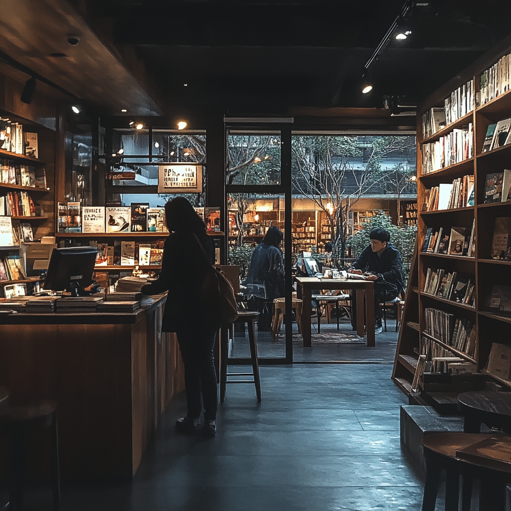 Des gens dans une librairie avec un café. | Source : Midjourney