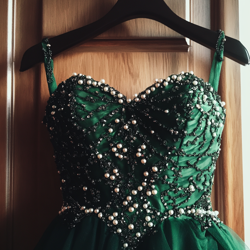 Une robe de bal vert émeraude sur un cintre | Source : Midjourney