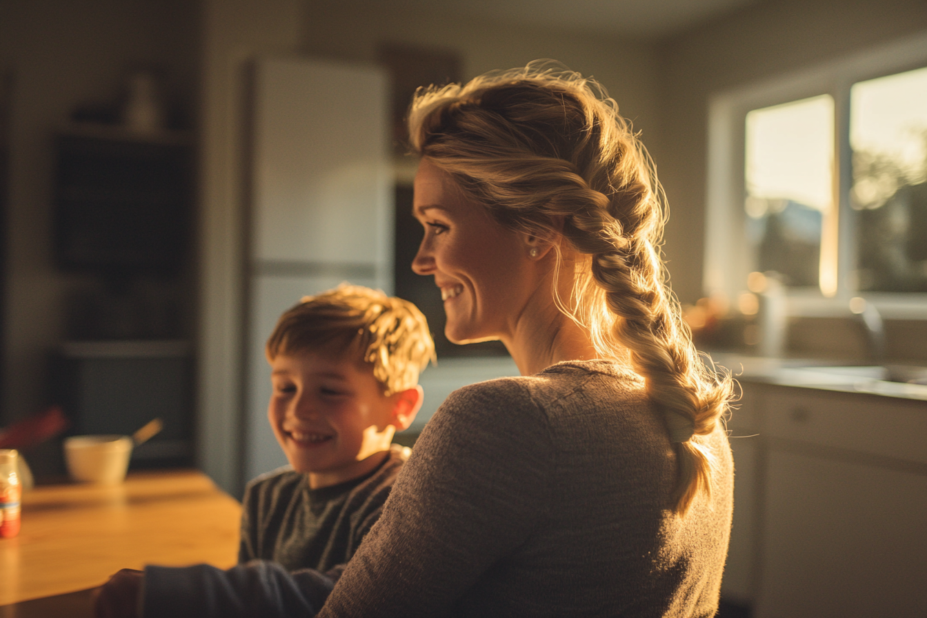 Femme d'une trentaine d'années souriant avec son fils de 7 ans à la table de la cuisine le matin | Source : Midjourney