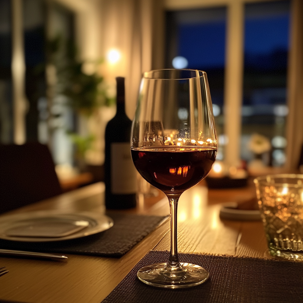 Un verre de vin sur une table à manger | Source : Midjourney