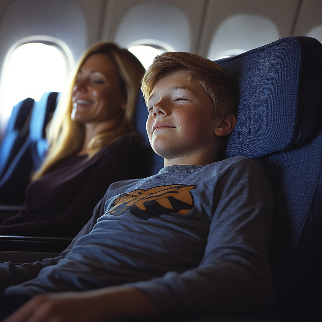 Un garçon heureux et soulagé est assis confortablement dans son siège d'avion avec sa mère à côté de lui | Source : Midjourney