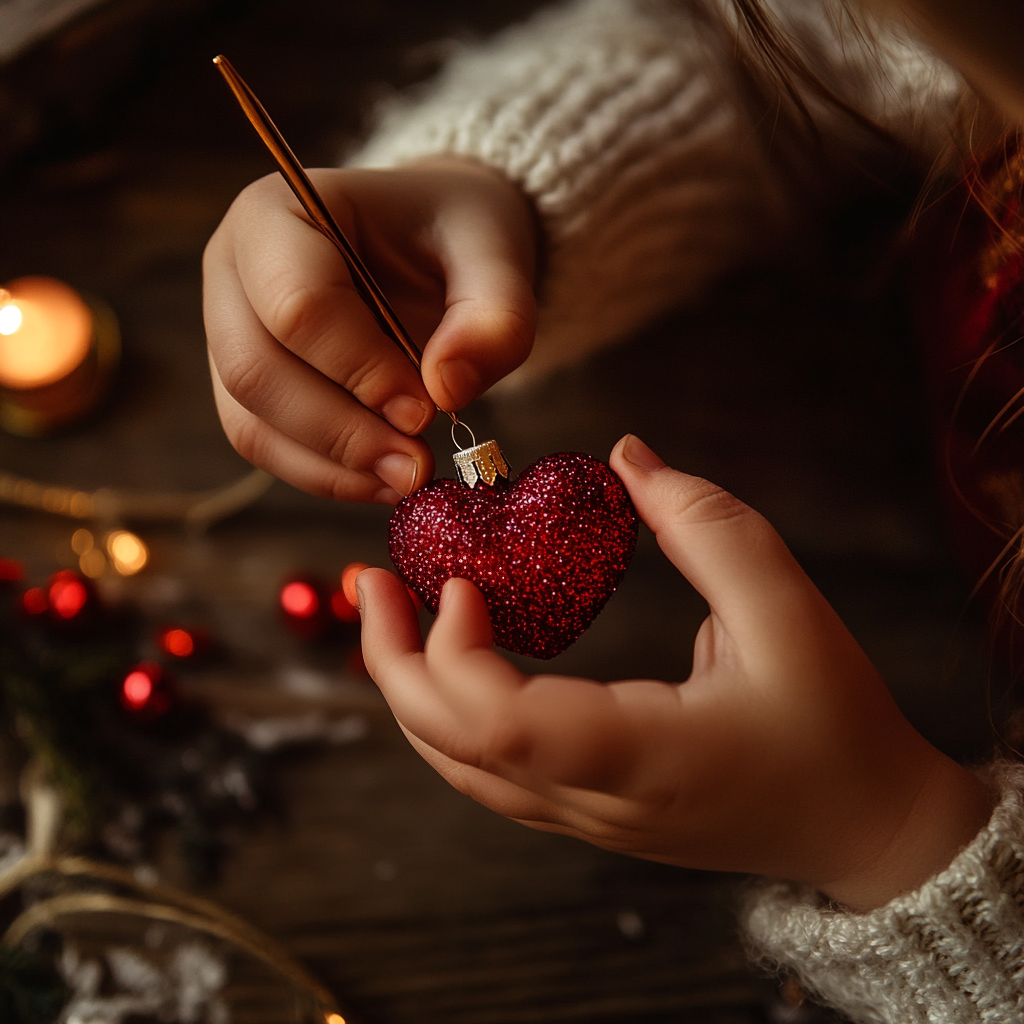 Une petite fille qui fabrique une décoration de Noël pailletée | Source : Midjourney