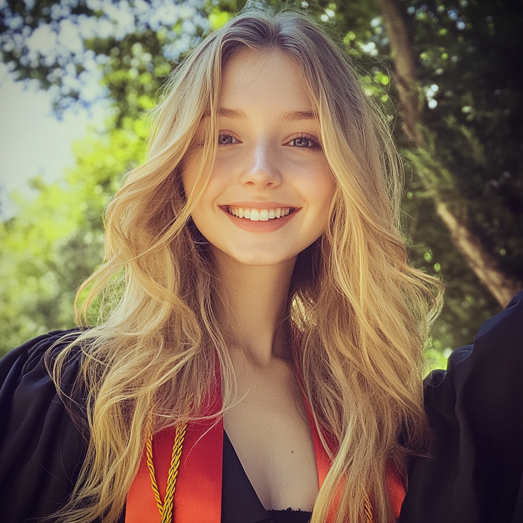 Une jeune femme souriante en robe de fin d'études | Source : Midjourney