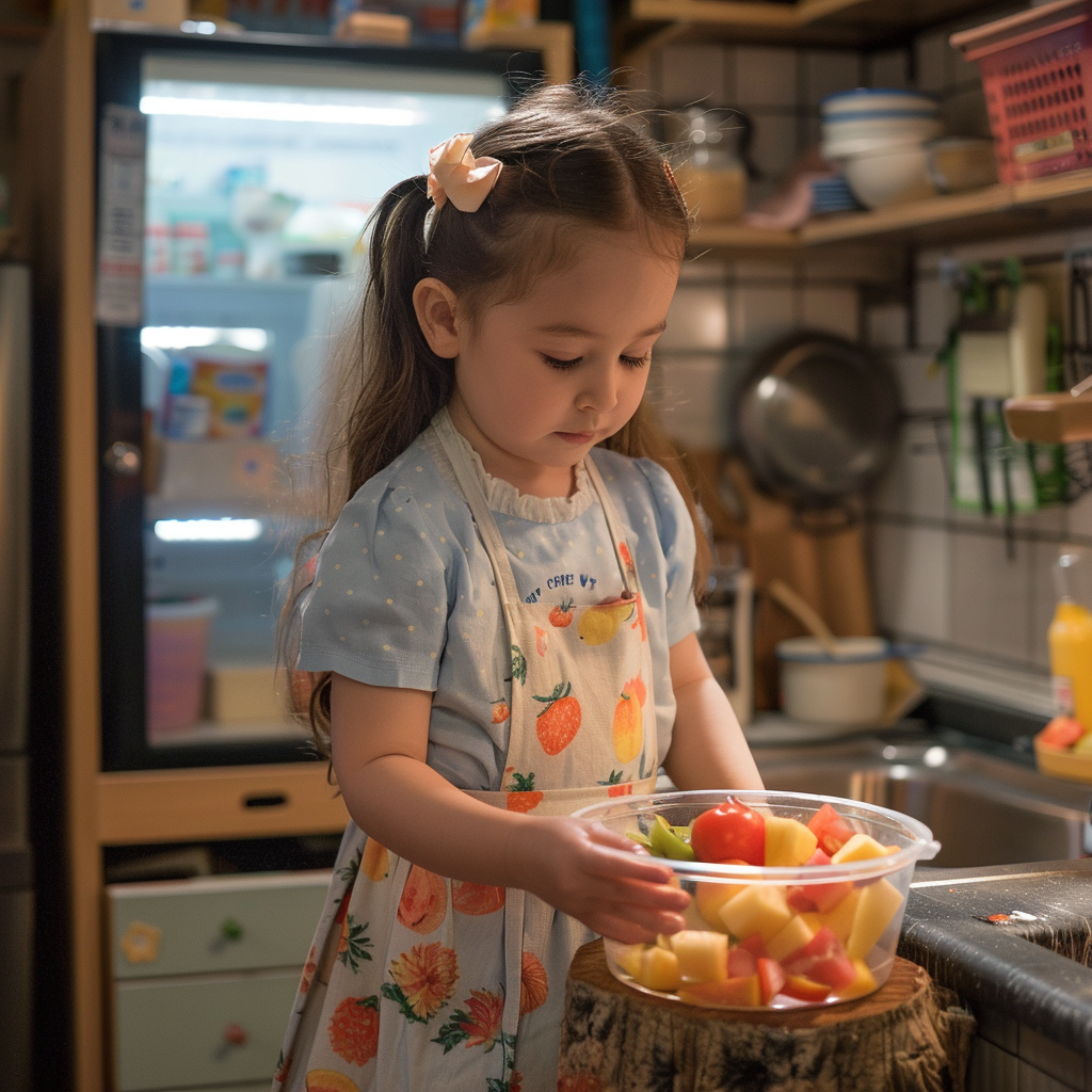 Une petite fille prépare une salade dans son installation de mini-cuisine semi-fonctionnelle | Source : Midjourney