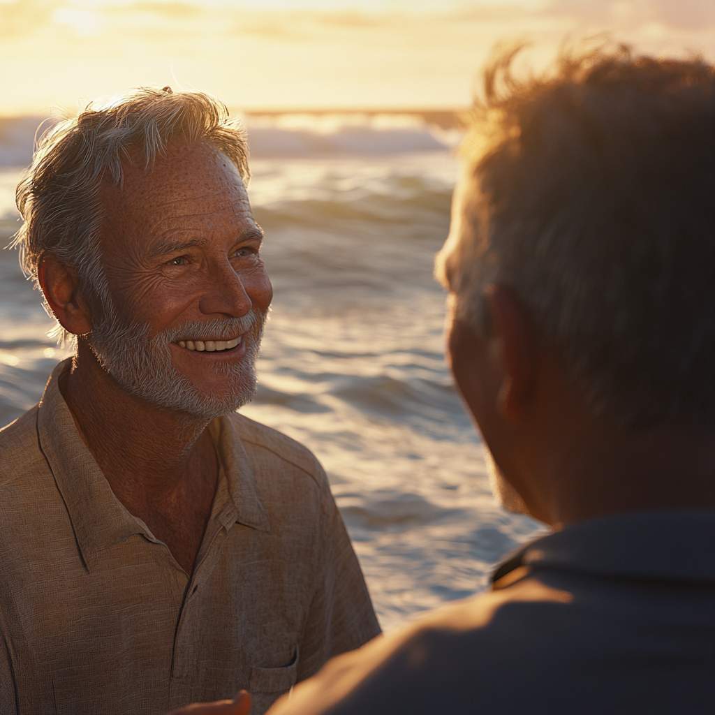 Un homme qui sourit à son ami | Source : Midjourney