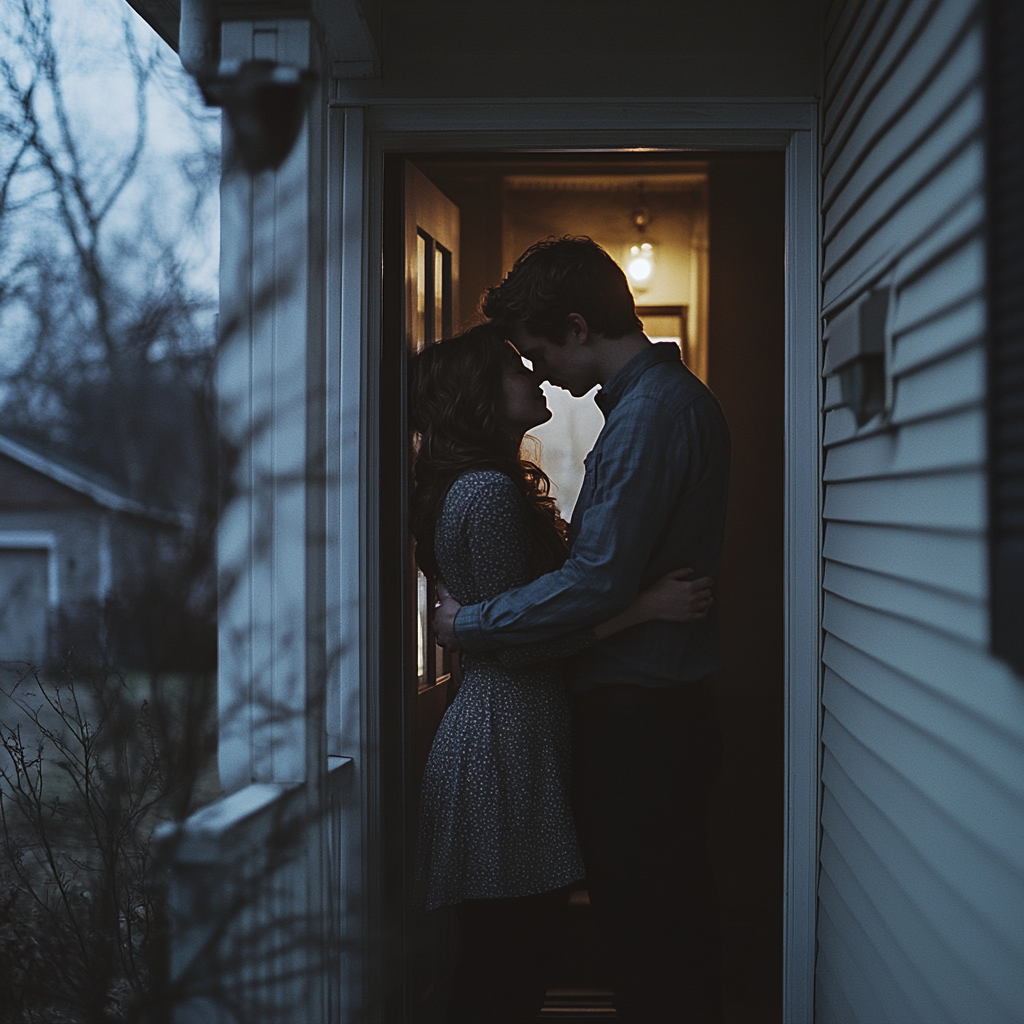 Un couple heureux qui s'enlace dans l'embrasure de la porte | Source : Midjourney