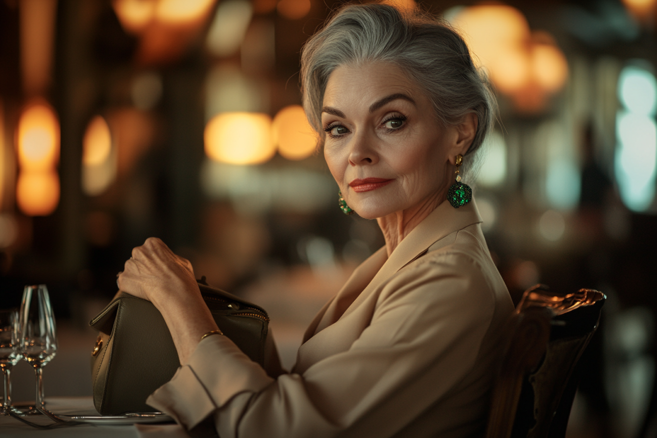 Une femme âgée au restaurant qui fouille dans son sac à main | Source : Midjourney