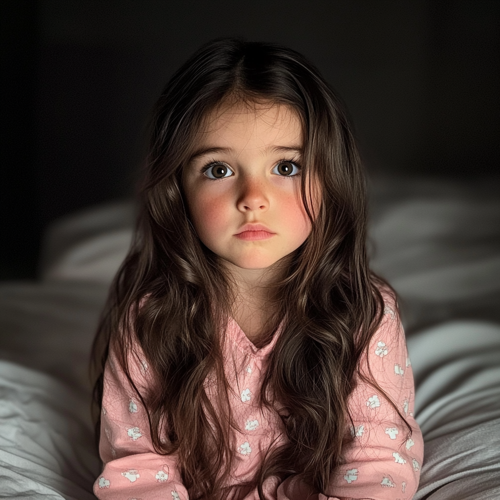 Une petite fille assise sur un lit | Source : Midjourney