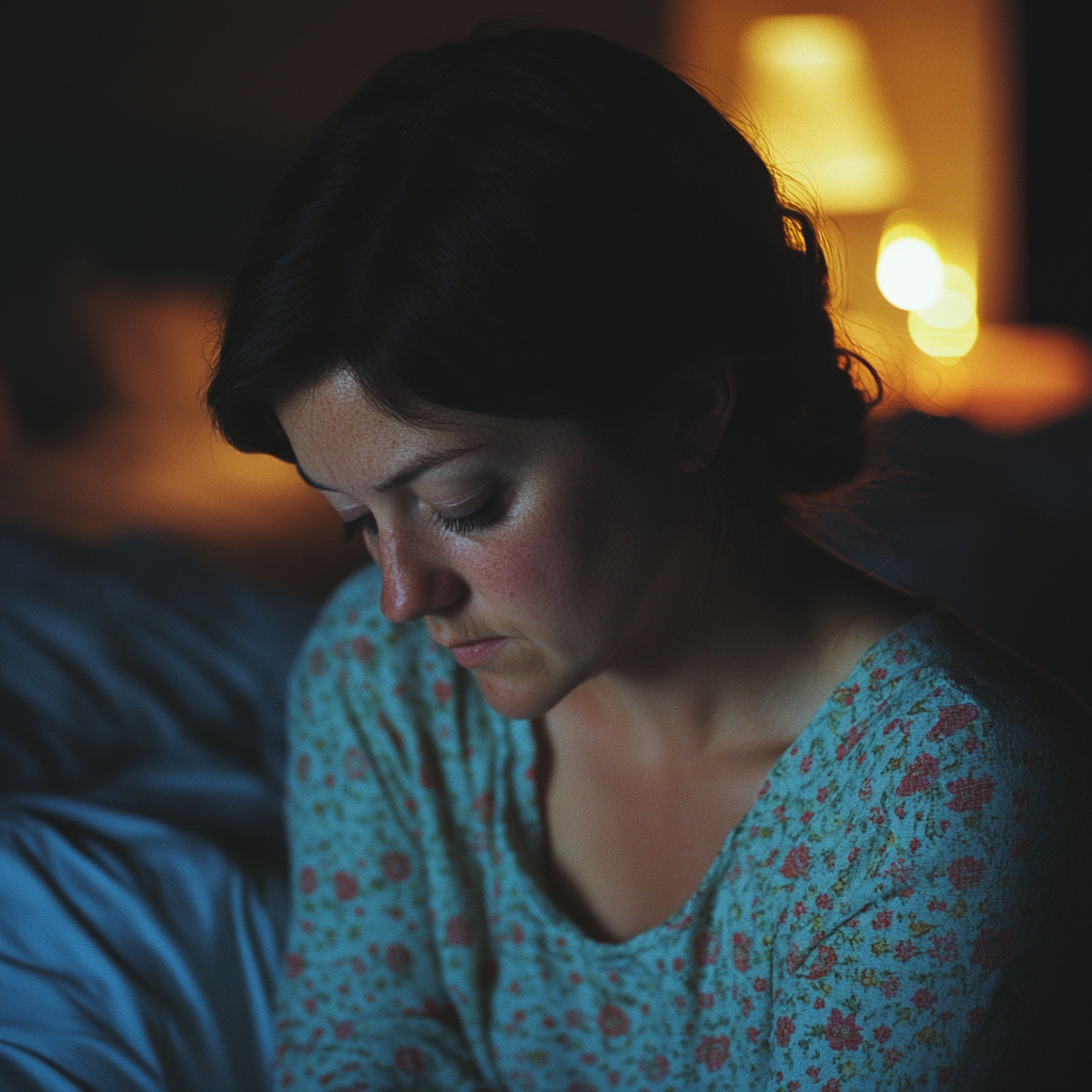 Une femme triste dans son lit | Source : Midjourney