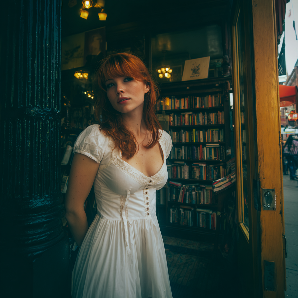 Une femme debout dans une librairie | Source : Midjourney