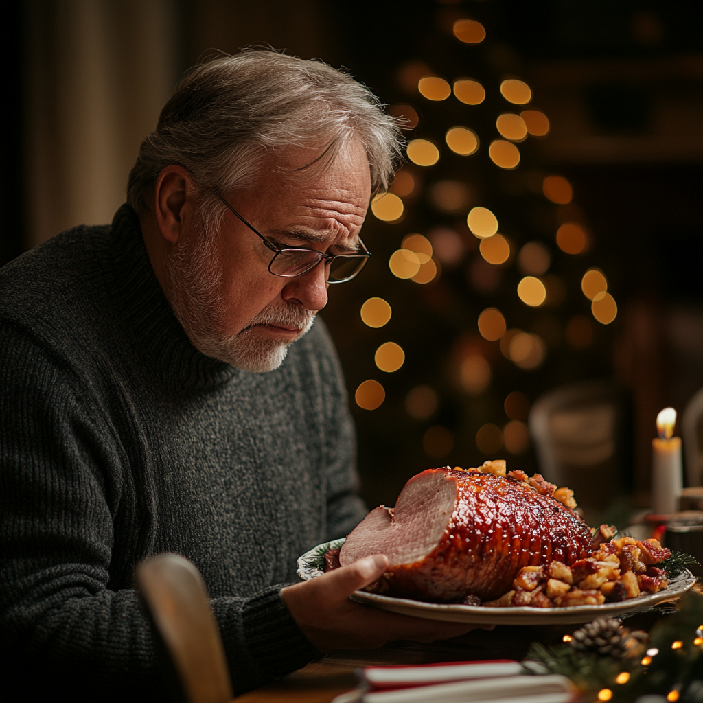 Un homme tenant un plateau avec du jambon | Source : Midjourney