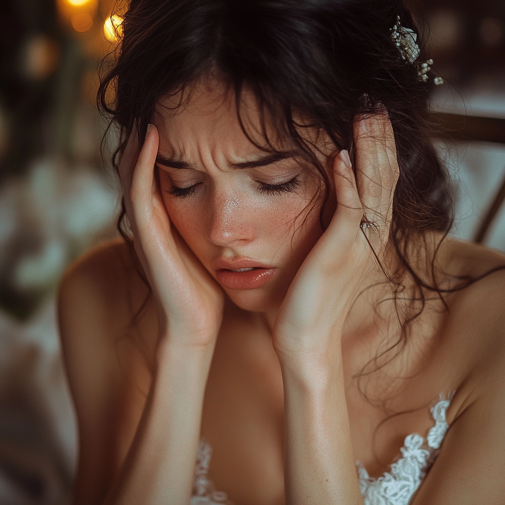 An upset bride holding her head | Source: Midjourney