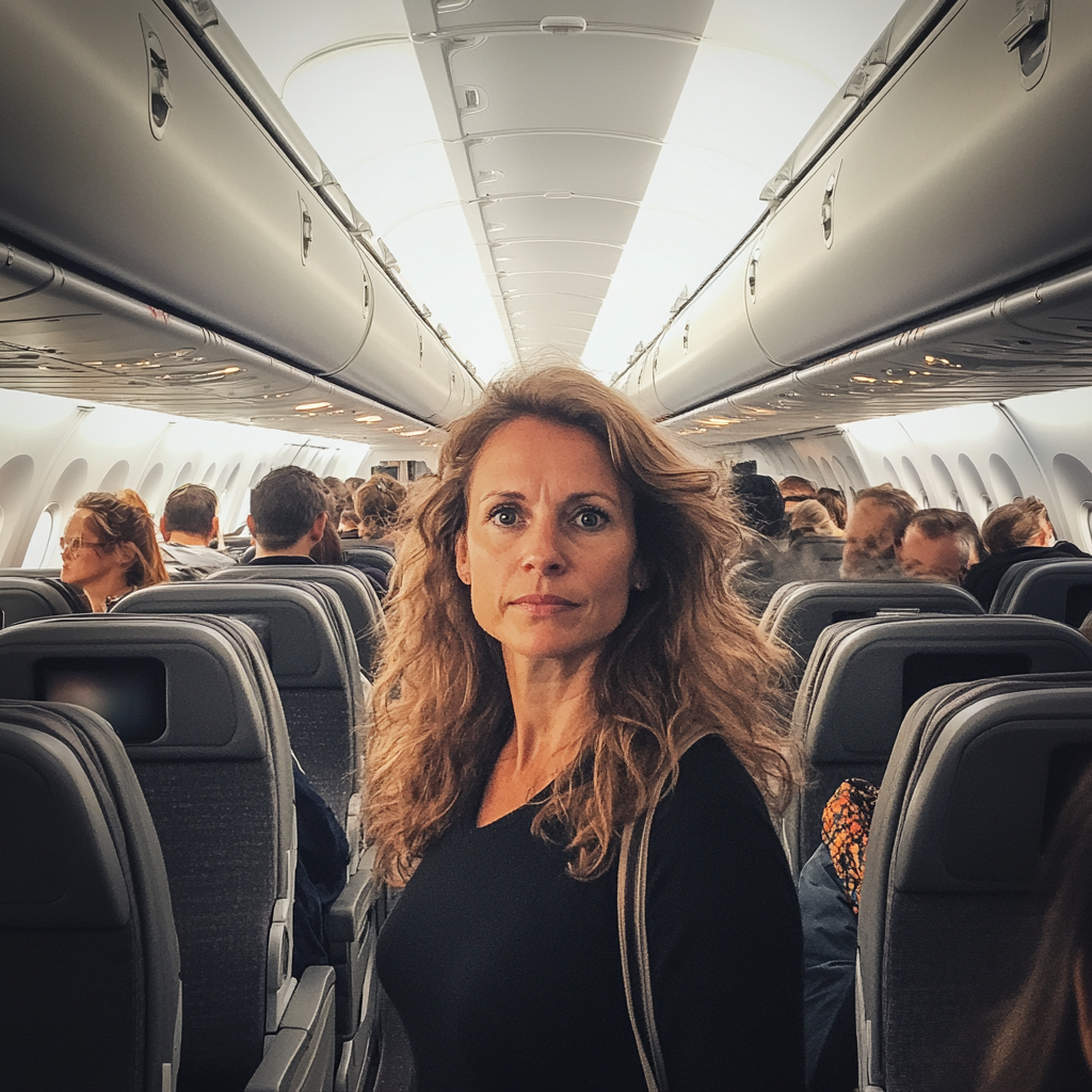 Une femme debout dans un avion bondé | Source : Midjourney