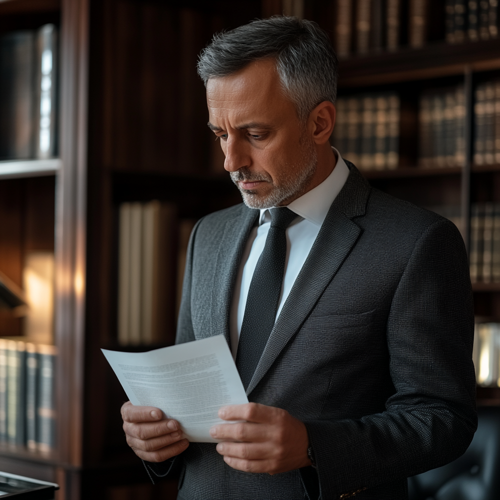 Un avocat lisant un testament debout dans son bureau | Source : Midjourney