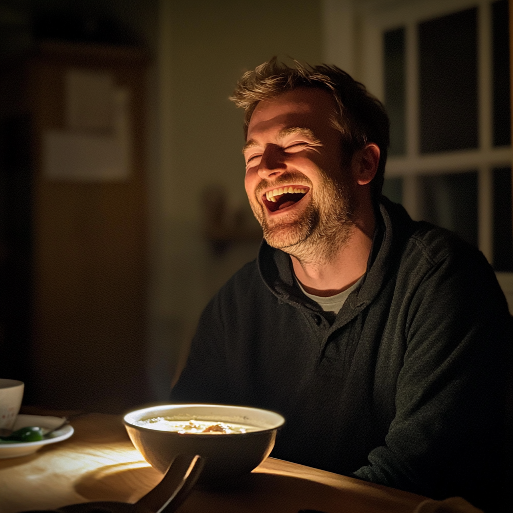 Un homme assis à une table et qui rit | Source : Midjourney