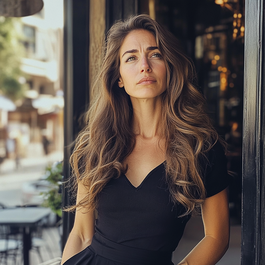 Une femme debout à l'extérieur d'un bistrot | Source : Midjourney