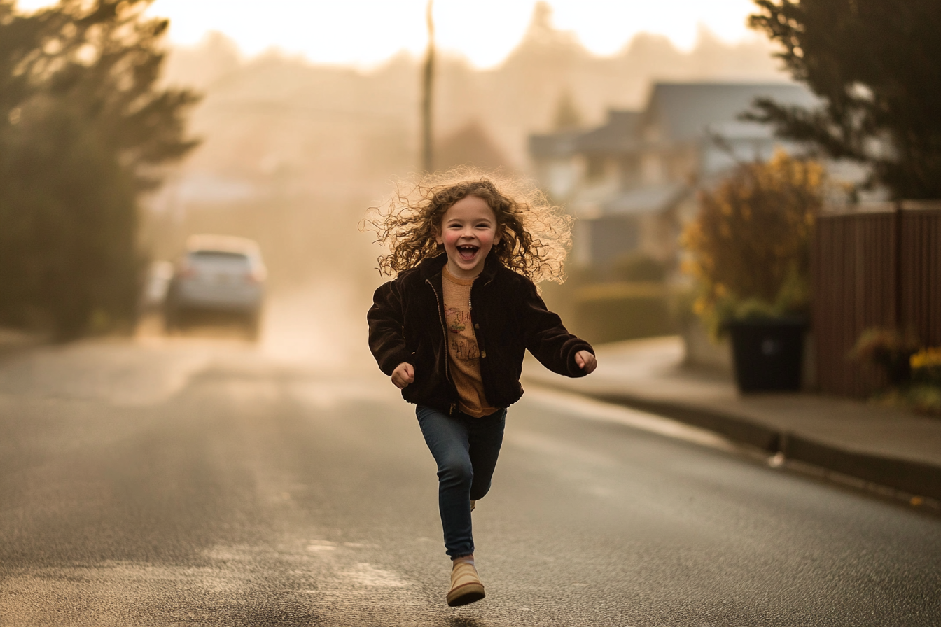 Une fille excitée qui court dans une rue embrumée | Source : Midjourney