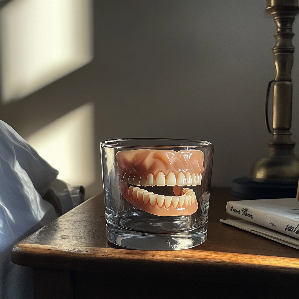 Dentier dans un verre d'eau sur une table de nuit | Source : Midjourney