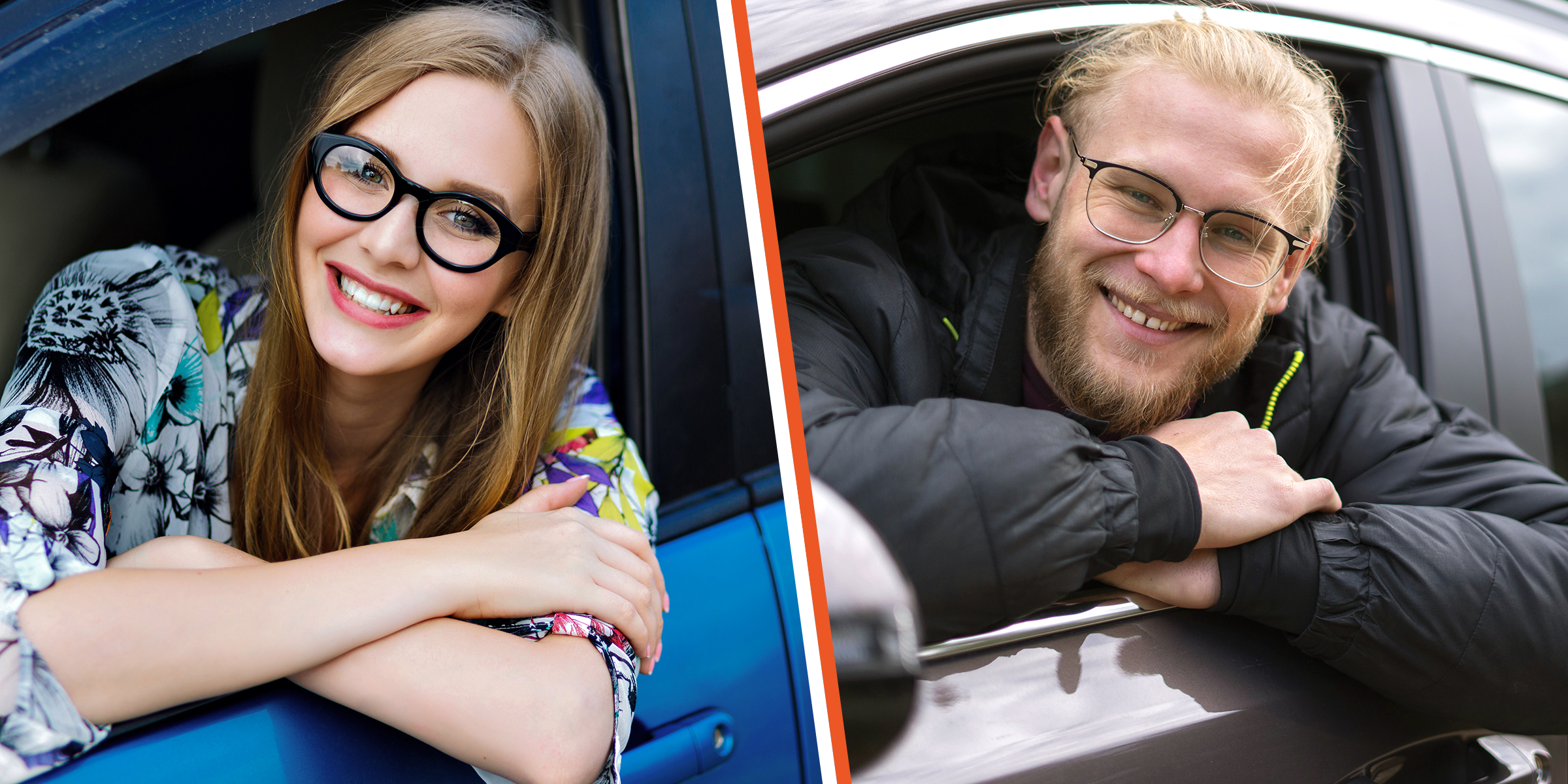 Une femme heureuse se penchant hors d'une voiture | Un homme heureux se penchant hors d'une voiture | Source : Shutterstock | Freepik.com/freepik