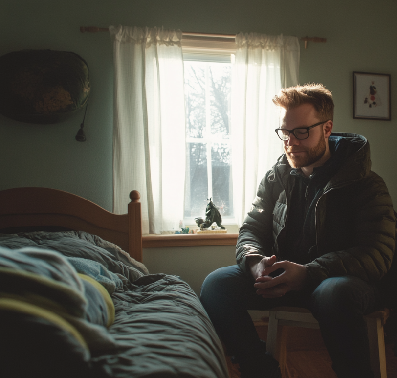 Un homme solennel assis dans la chambre d'un enfant | Source : Midjourney