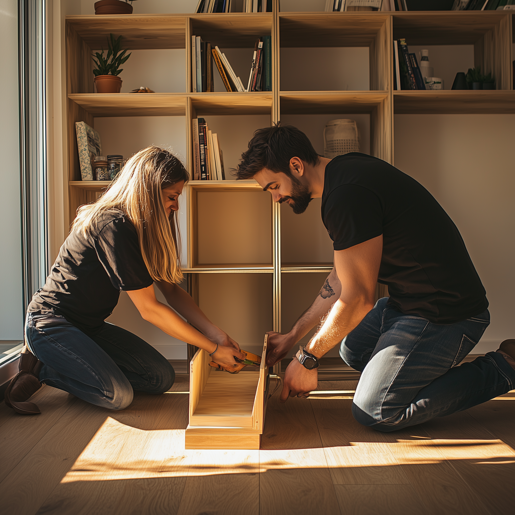 Un couple en train d'assembler une bibliothèque | Source : Midjourney