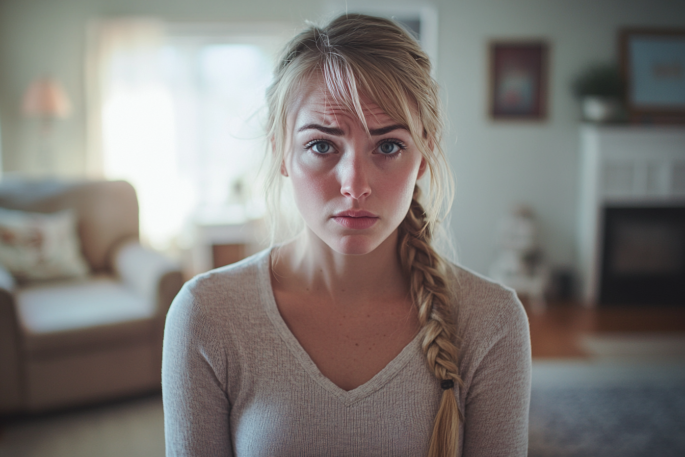 Femme d'une trentaine d'années à l'air inquiet dans un salon l'après-midi | Source : Midjourney